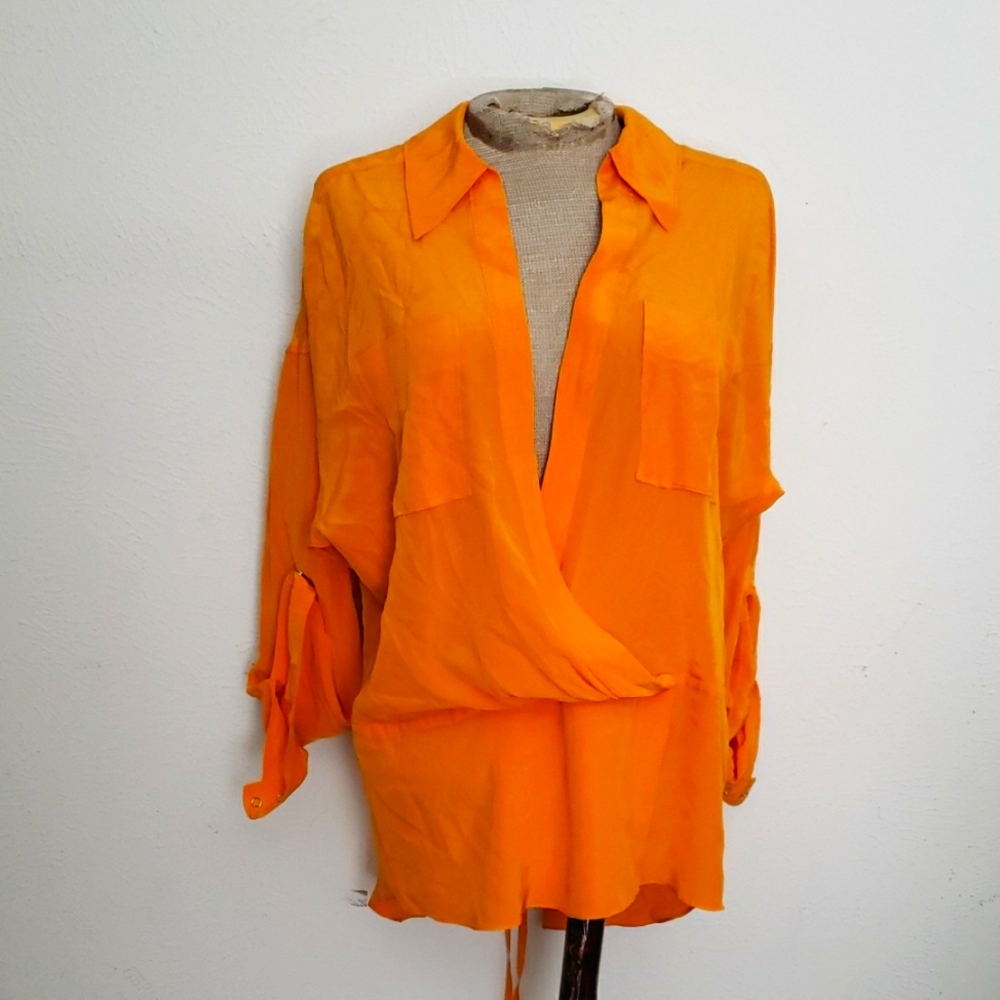 Tracy Reese 100% Mango Orange Wrap Blouse with Notched Collar Sz S